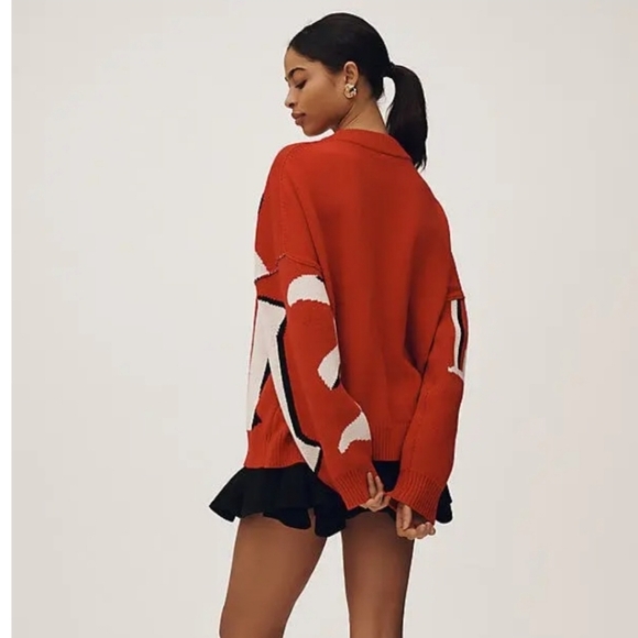 New! Anthropologie Maeve Graphic Monogram Sweater Red Black White Size Small - Picture 5 of 11